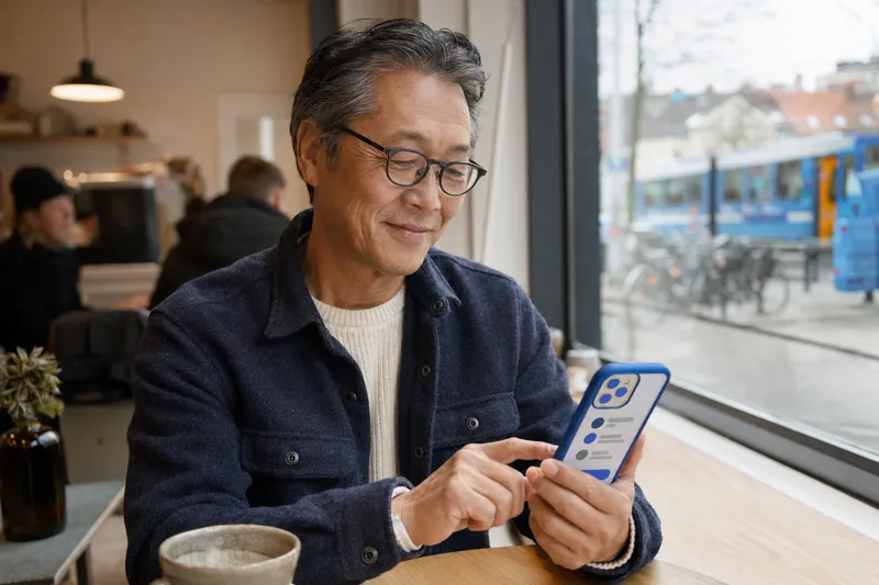 Kunde bestiller frisørtime på mobilen fra en kafé i Oslo.