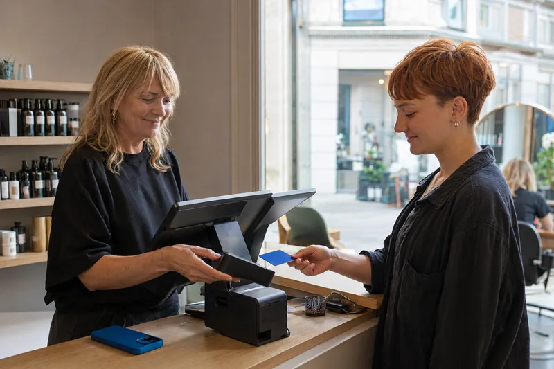 Kunde betaler enkelt etter frisørbesøket.