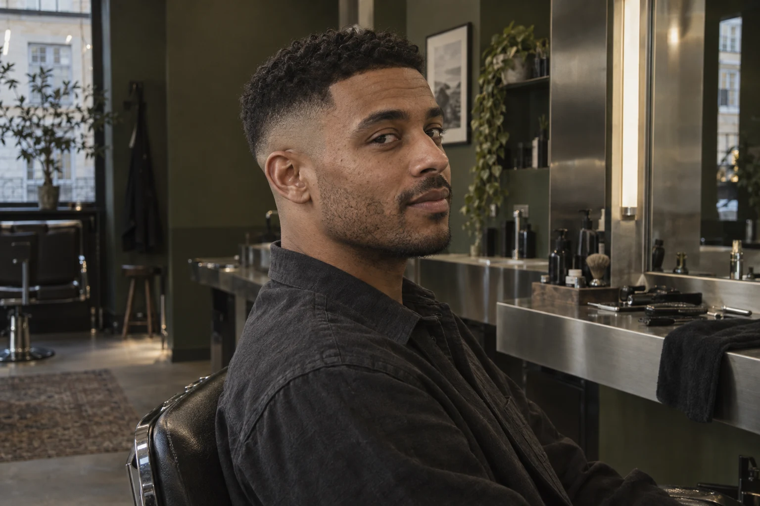 En presis fade sett fra siden i en moderne barbersalong. AI-generert illustrasjonsfoto.