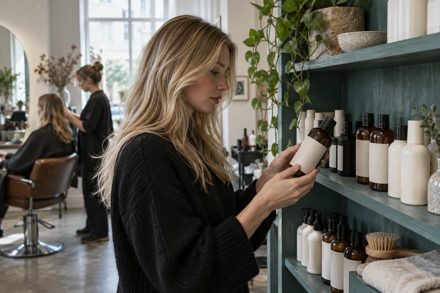 En kunde ser på produkter i salongens hyller — illustrasjonsfoto