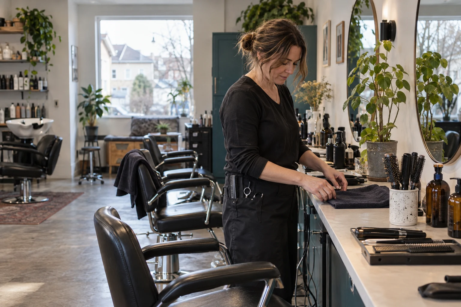 Frisør gjør klart arbeidsplassen i en enkel hverdagssalong — illustrasjonsfoto