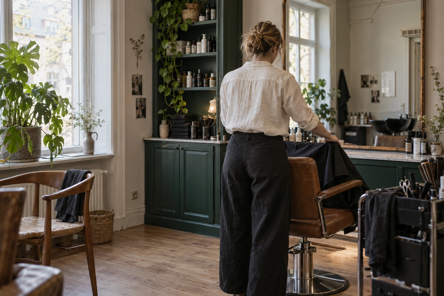 Et rolig salongrom med grønt skap, tre og dagslys. AI-generert illustrasjonsfoto.