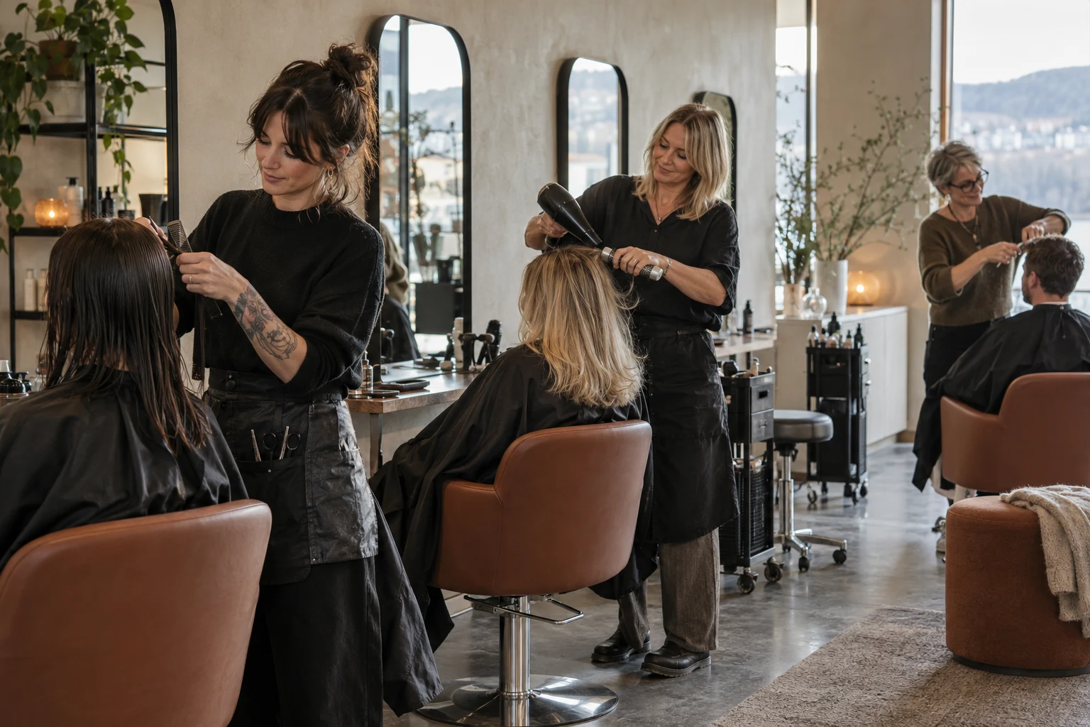 Tre frisører arbeider i et felles salongrom — illustrasjonsfoto