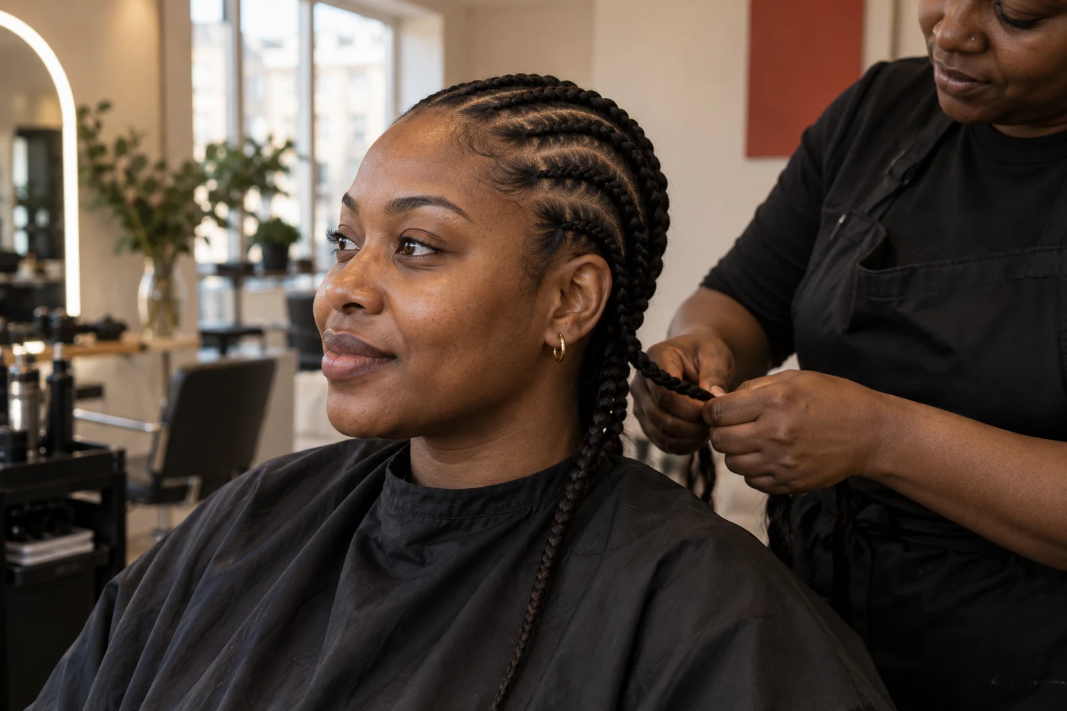 Cornrows flettes i en tekstursalongs arbeidsstol — illustrasjonsfoto